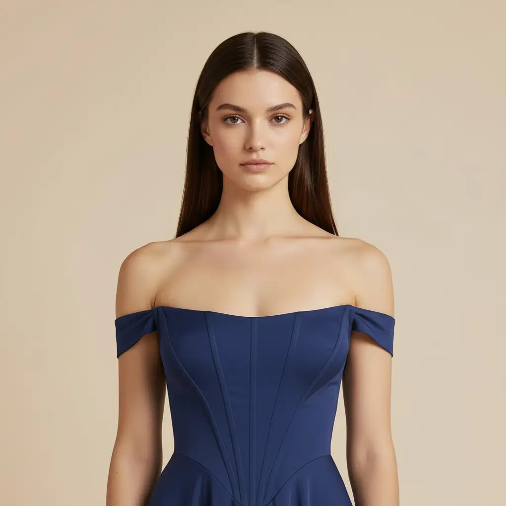 Milena – Elegantní modré šaty s odhalenými rameny Karolina Prague