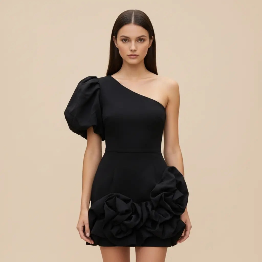 Petra – Elegantní černé one-shoulder šaty s volány Karolina Prague