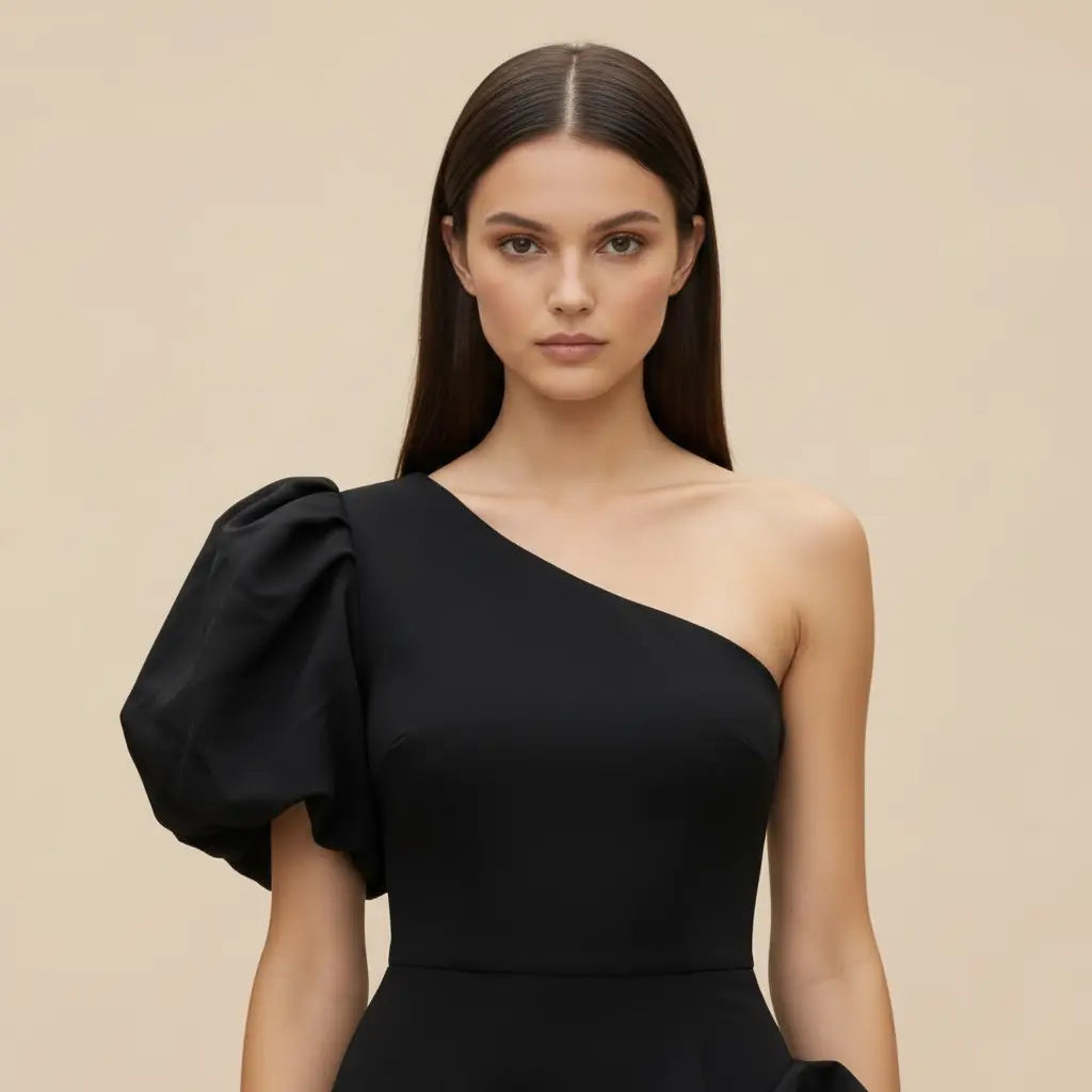 Petra – Elegantní černé one-shoulder šaty s volány Karolina Prague