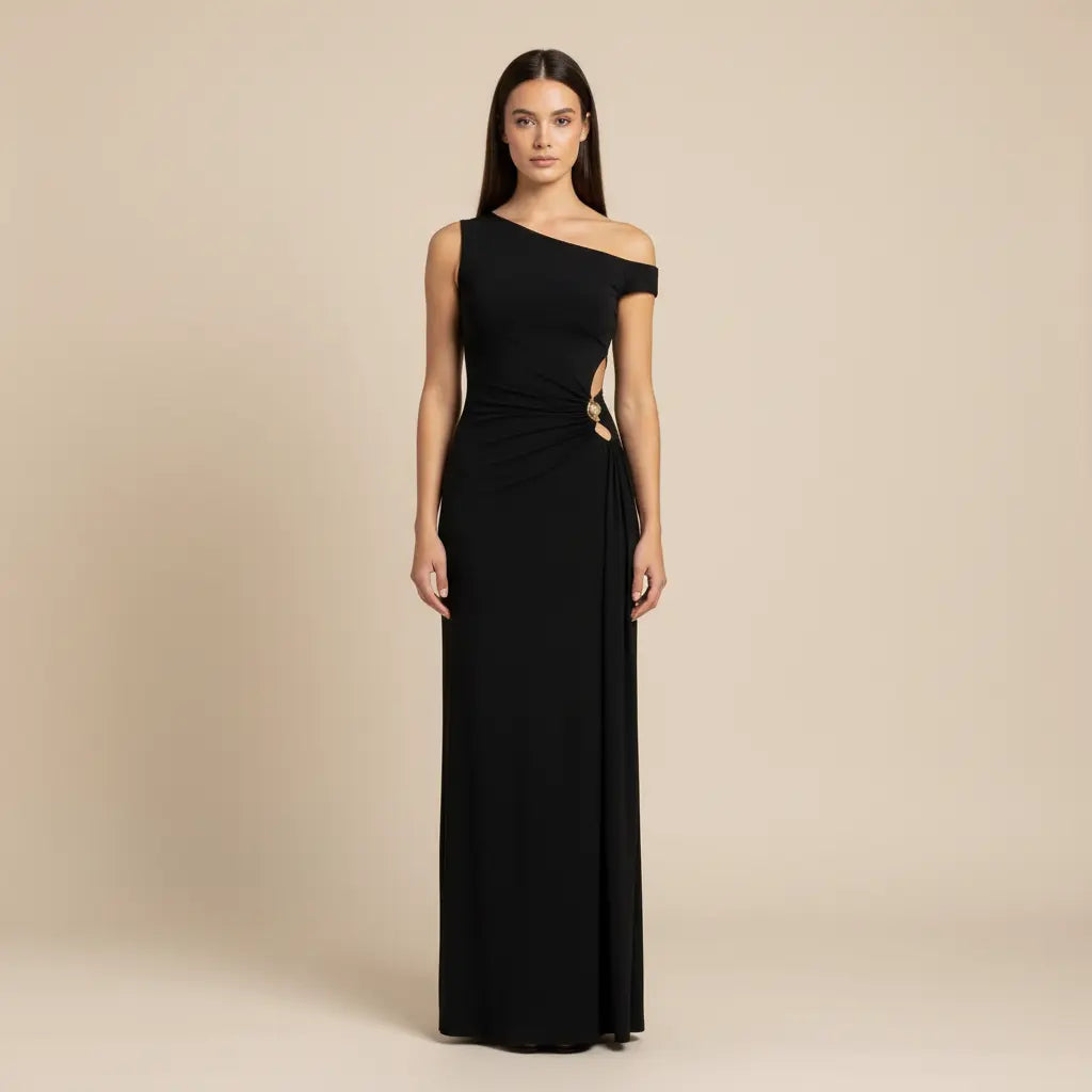 Renáta – Elegantní černé šaty s asymetrickým výstřihem Karolina Prague