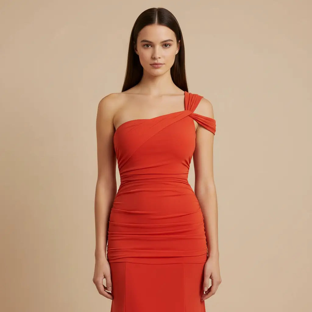 Drahomíra – Elegantní šaty na jedno rameno v sytě červené Karolina Prague