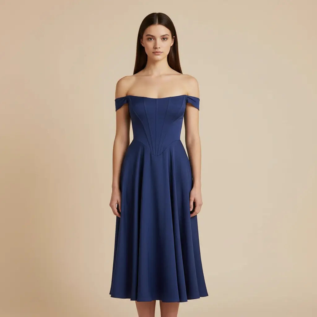 Milena – Elegantní modré šaty s odhalenými rameny Karolina Prague