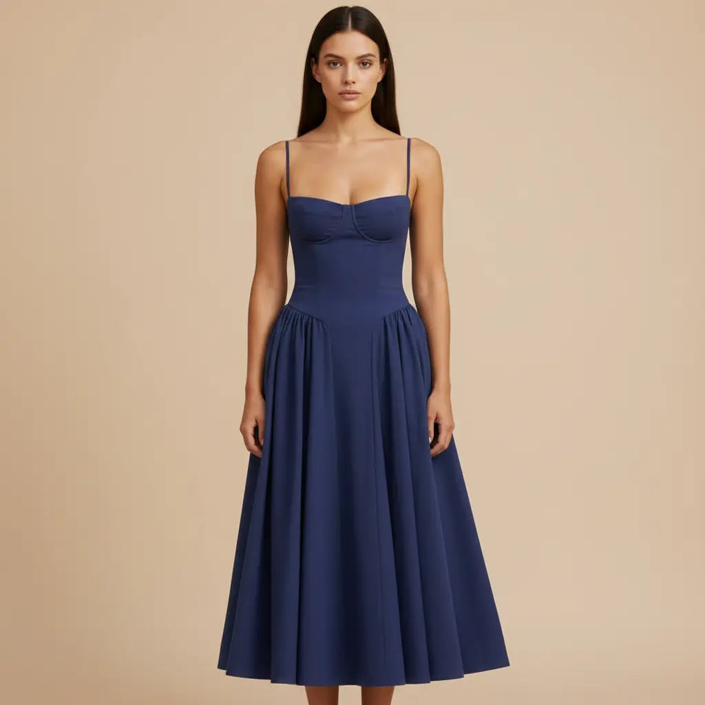 Lucie – Elegantní tmavě modré midi šaty na ramínka Karolina Prague