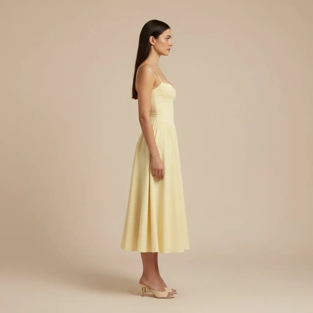 Lucie – Elegantní žluté midi šaty na ramínka Karolina Prague