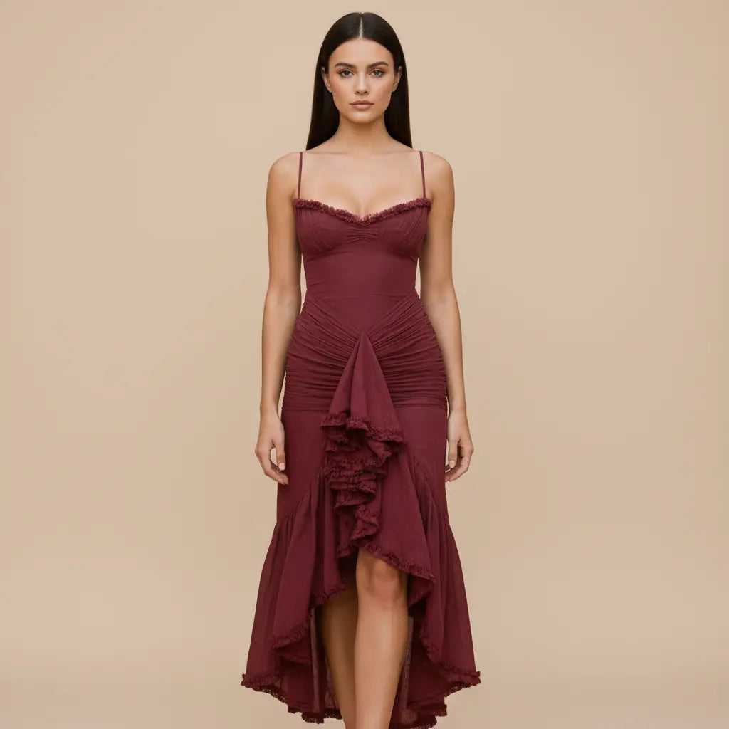 Virelia – Elegantní vínové šaty s asymetrickou sukní Karolina Prague