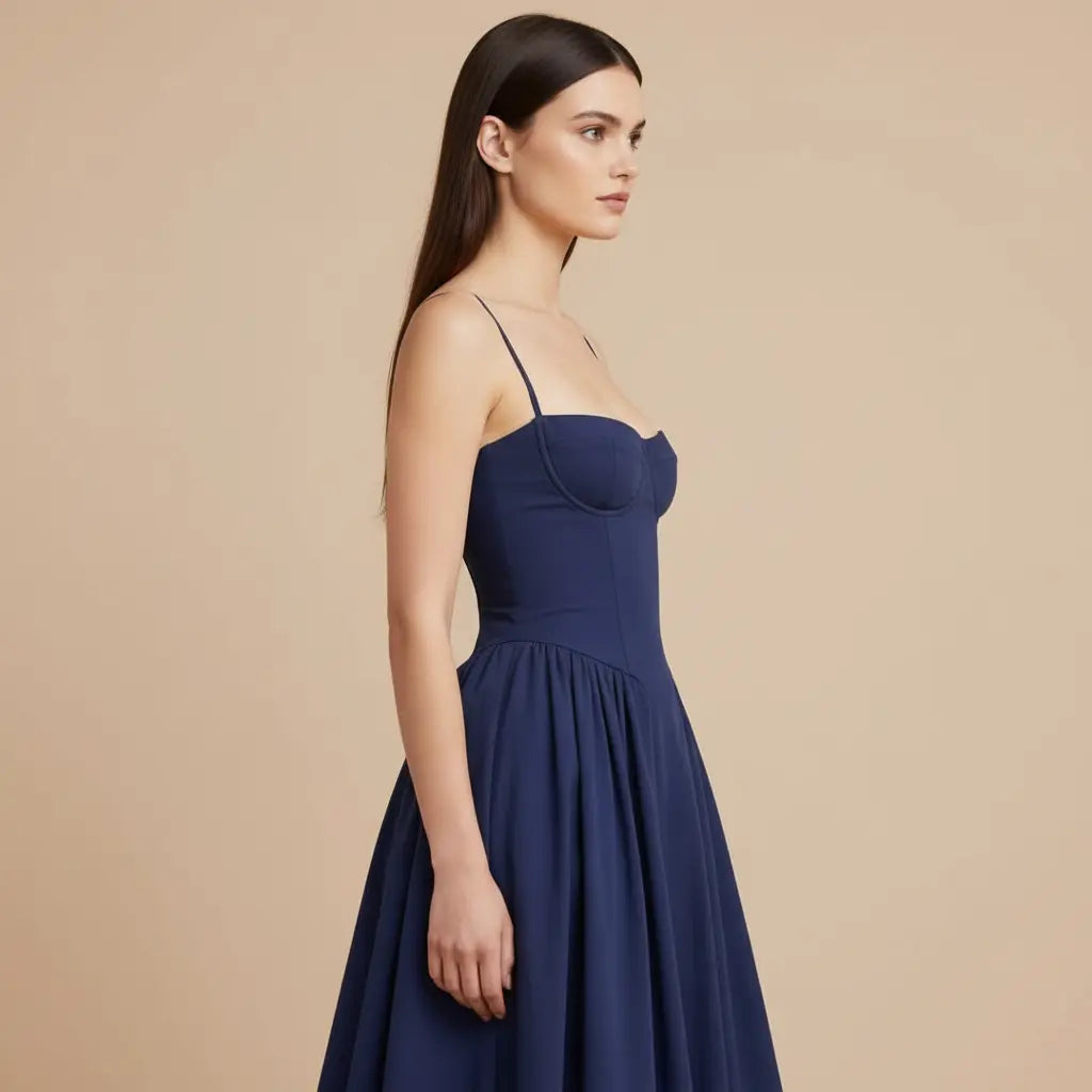 Lucie – Elegantní tmavě modré midi šaty na ramínka Karolina Prague