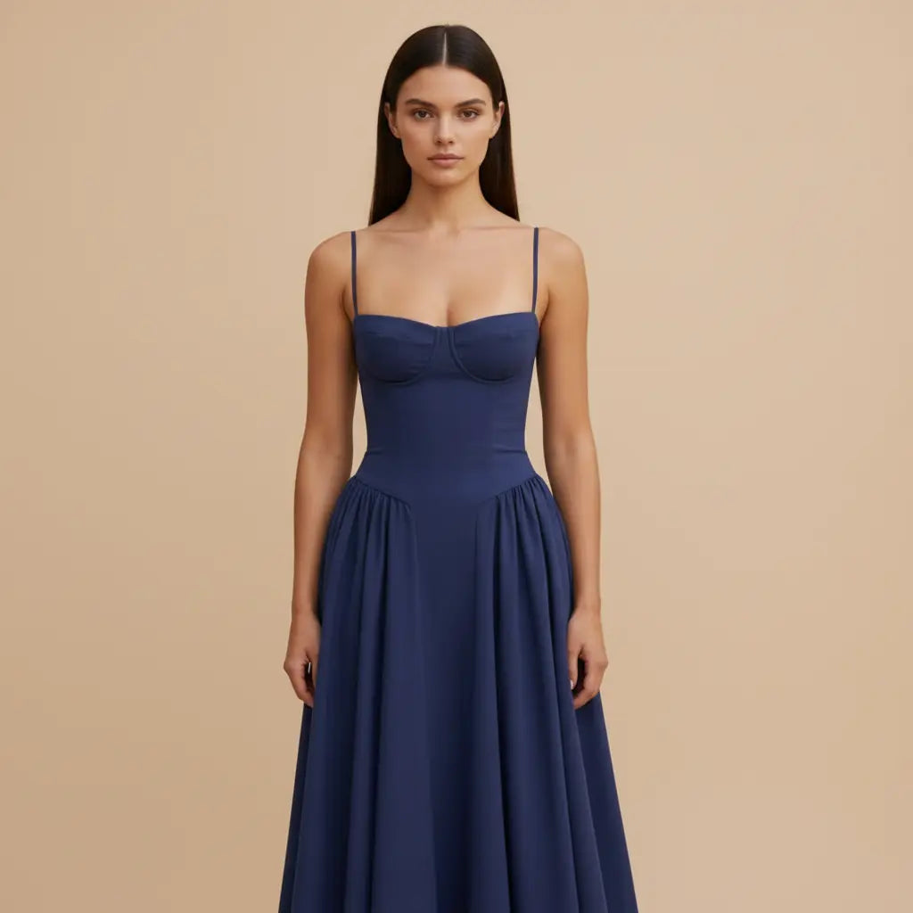 Lucie – Elegantní tmavě modré midi šaty na ramínka Karolina Prague