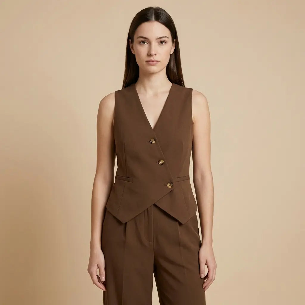 Jana – Elegantní set v hnědém odstínu s vestou a kalhotami Karolina Prague