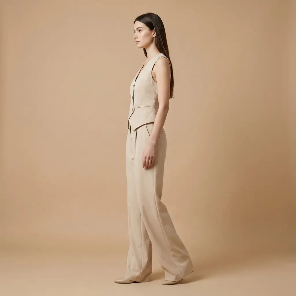 Jana – Elegantní béžový set s vestou a kalhotami Karolina Prague