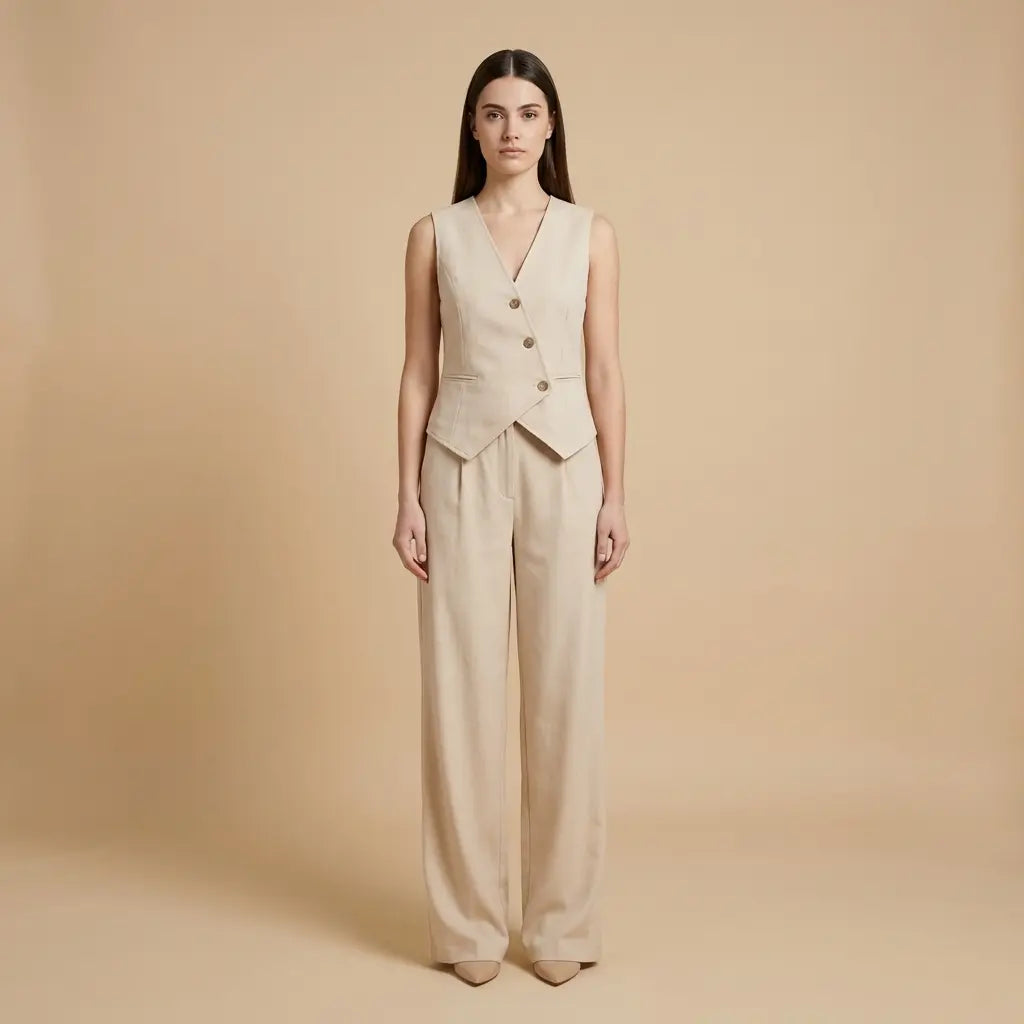 Jana – Elegantní béžový set s vestou a kalhotami Karolina Prague