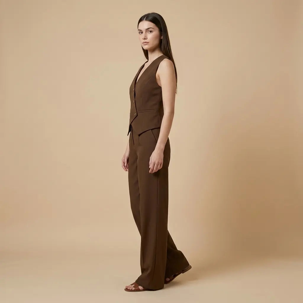 Jana – Elegantní set v hnědém odstínu s vestou a kalhotami Karolina Prague