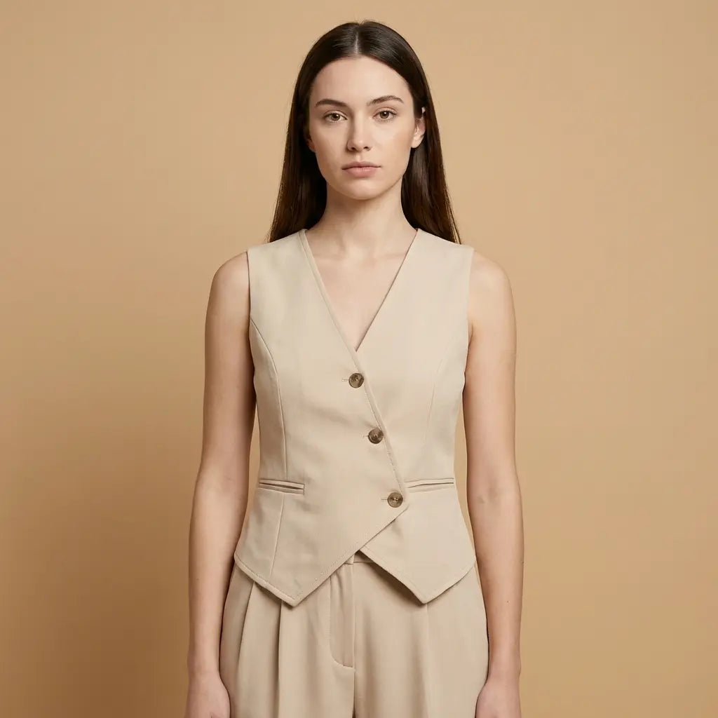 Jana – Elegantní béžový set s vestou a kalhotami Karolina Prague
