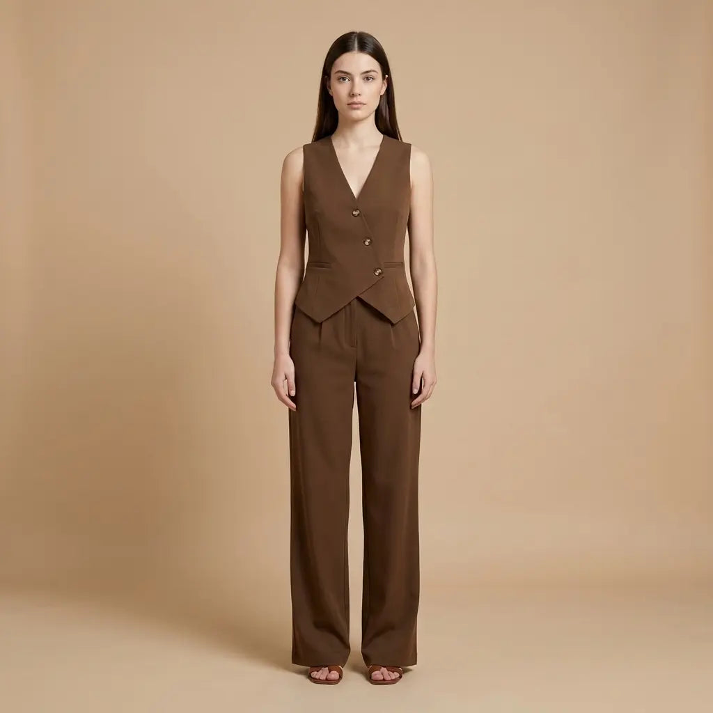 Jana – Elegantní set v hnědém odstínu s vestou a kalhotami Karolina Prague